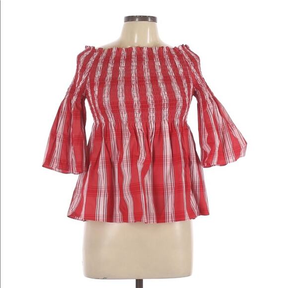 Zara red white plaid off the shoulder boho cottagecore top large - Picture 1 of 2